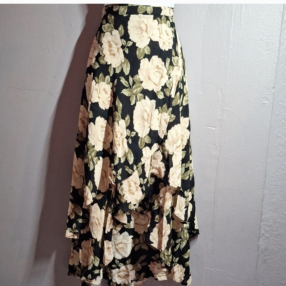 Reformation Black and pink Floral Wrap hi-low Skirt